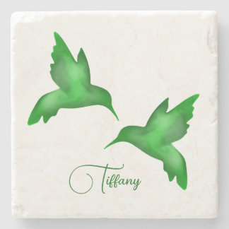 hummingbird watercolor vibrant green saturated stone coaster