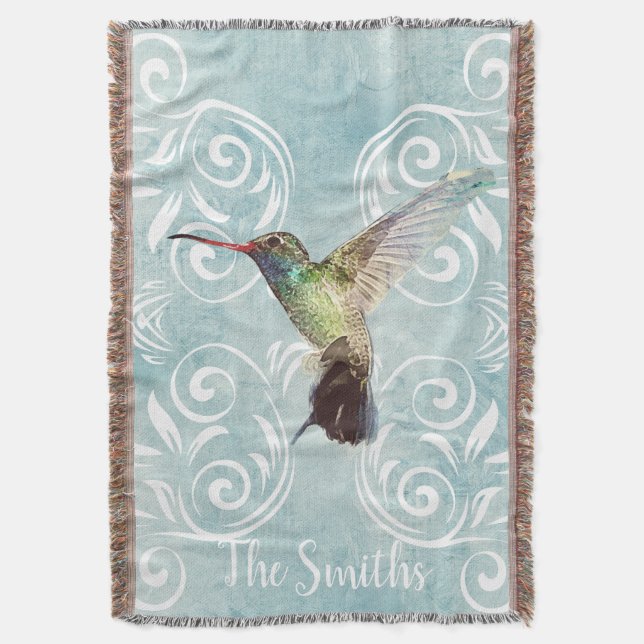 Hummingbird with Flourish Background Throw Blanket (Front Vertical)