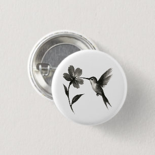Hummingbird with Flower – Ink Brush Design on 1 Inch Round Button