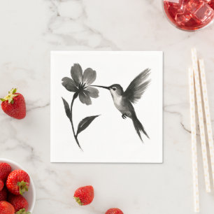Hummingbird with Flower – Ink Brush Design on Napkin