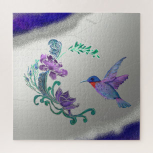 Hummingbird With Flowers on Geode Background  Jigsaw Puzzle