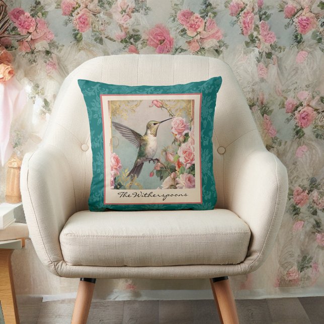 Hummingbird with Flowers on Teal Damask Monogram Throw Pillow (Creator Uploaded)