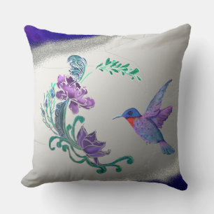 Hummingbird with flowers with geode background throw pillow
