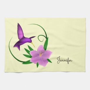 Hummingbird with pink flower kitchen towel