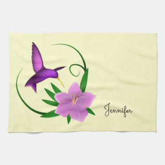 Hummingbird with pink flower kitchen towel
