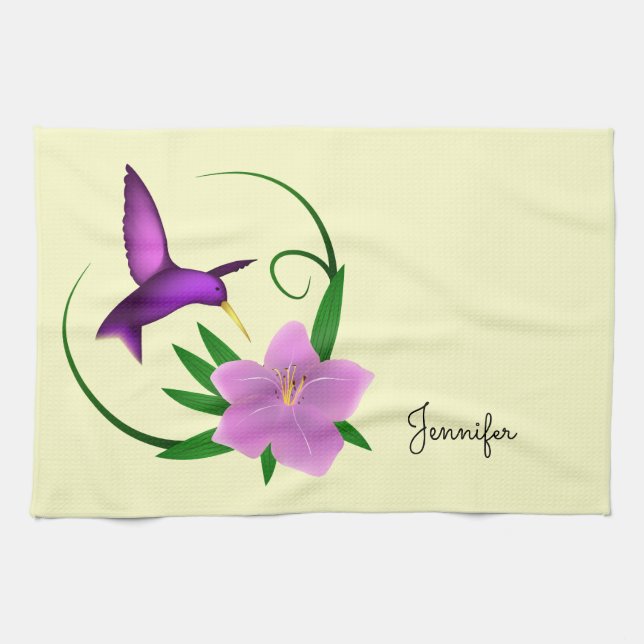 Hummingbird with pink flower kitchen towel (Horizontal)
