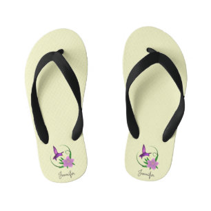 Hummingbird with pink flower name girls kid's flip flops