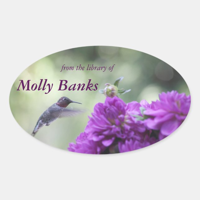 Hummingbird with purple dahlias bookplate oval sticker (Front)