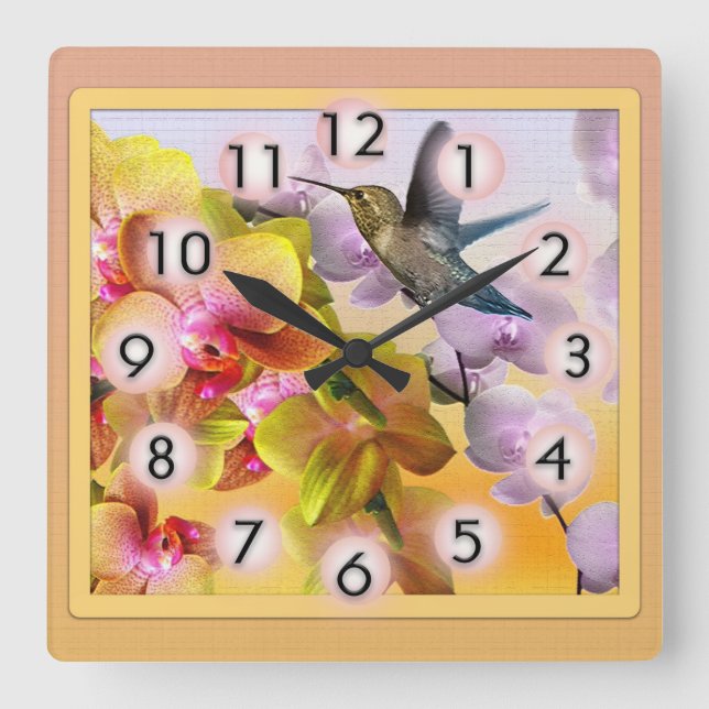 Hummingbird with Purple Lilacs and Yellow Orchids Square Wall Clock (Front)