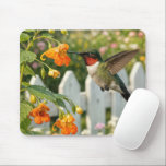 Hummingbird with Touch-Me-Not Flower Mouse Pad<br><div class="desc">A hummingbird,  its iridescent feathers shimmering in the sunlight,  hovers by a bright orange touch-me-not flower in a lush garden framed by a white picket fence</div>