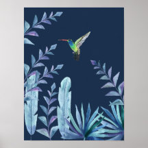 Hummingbird with tropical foliage in dark blue