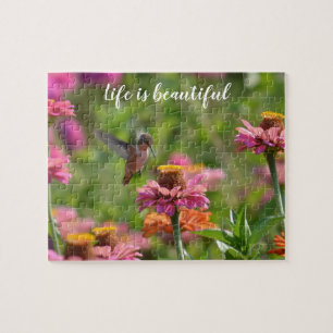 Hummingbird with Zinnia Flowers Jigsaw Puzzle