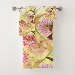 Hummingbirds and Astrantia Monogram Watercolor Bath Towel Set