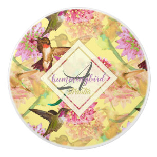 Hummingbirds and Astrantia Monogram Watercolor Ceramic Knob
