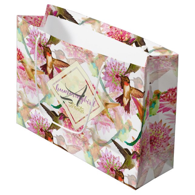 Hummingbirds and Astrantia Monogram Watercolor Large Gift Bag (Front Angled)