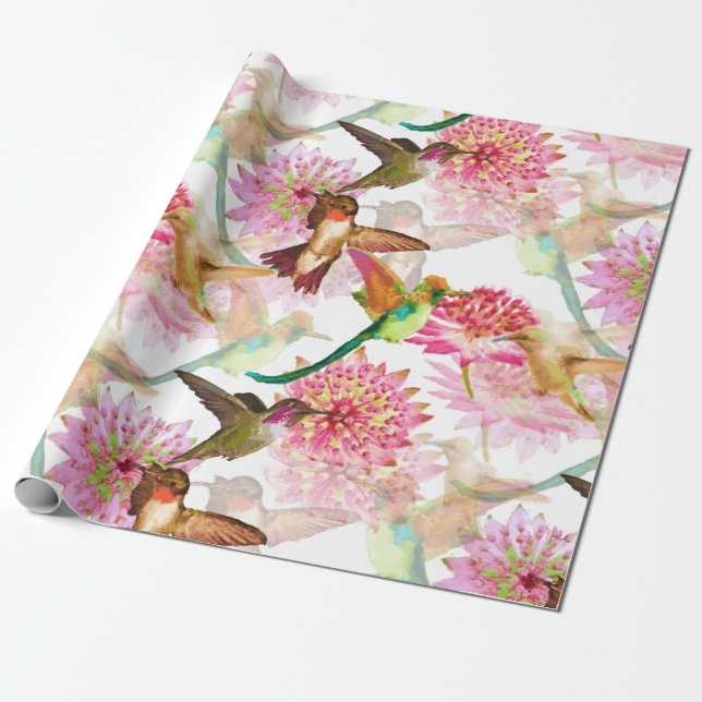 Hummingbirds and Astrantia Watercolor Wrapping Paper (Unrolled)