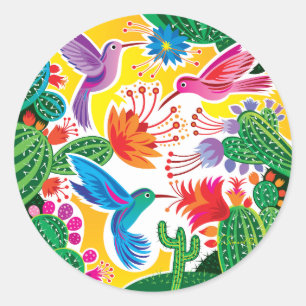 Hummingbirds and Blooming Cacti Classic Round Sticker