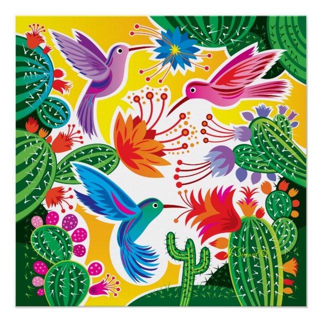 Hummingbirds and Blooming Cacti Poster (Front)