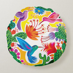 Hummingbirds and Blooming Cacti Round Pillow