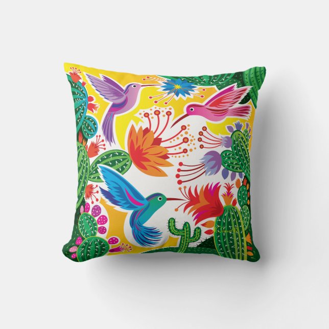 Hummingbirds and Blooming Cacti Throw Pillow (Front)