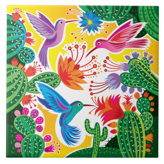 Hummingbirds and Blooming Cacti Tile (Front)