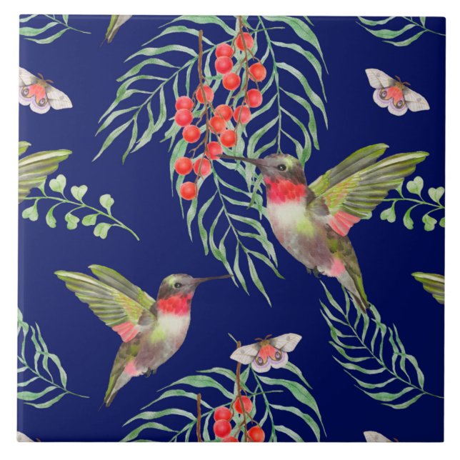 Hummingbirds and Butterflies Blue Tropical Pattern Tile (Front)