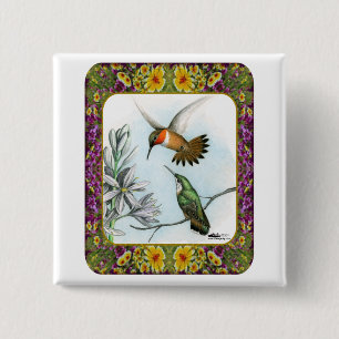 Hummingbirds and Flowers #2 2 Inch Square Button