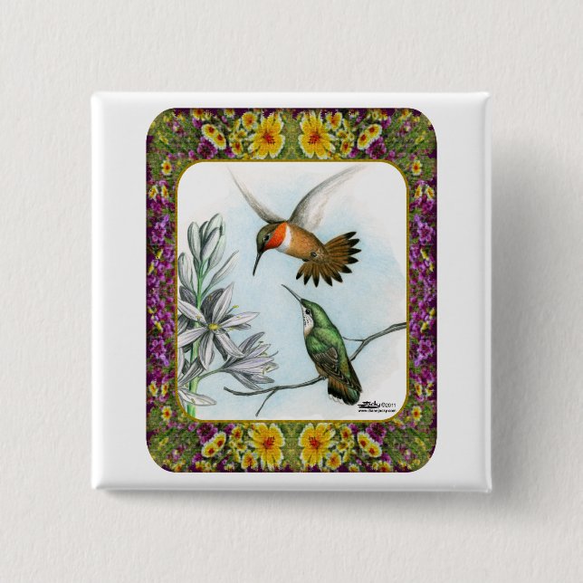 Hummingbirds and Flowers #2 2 Inch Square Button (Front)