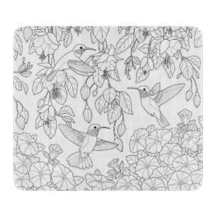 Hummingbirds and Flowers Adult Colouring Page Cutting Board