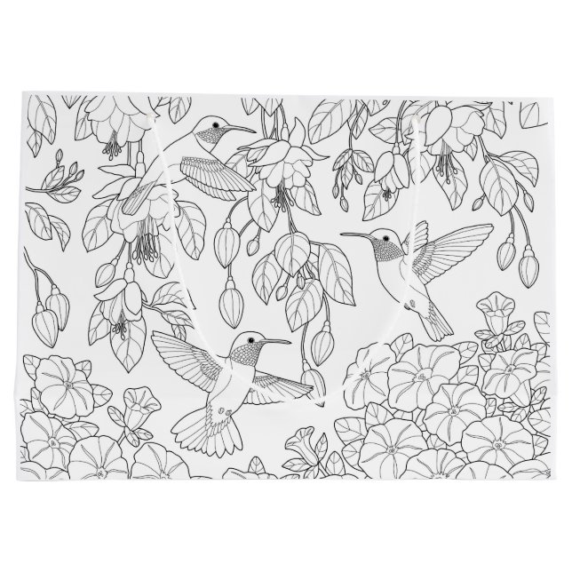Hummingbirds and Flowers Adult Colouring Page Large Gift Bag (Back)