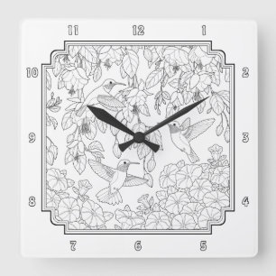 Hummingbirds and Flowers Adult Colouring Page Square Wall Clock
