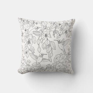 Hummingbirds and Flowers Adult Colouring Page Throw Pillow