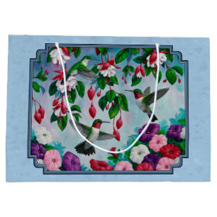 Hummingbirds and Flowers Blue Large Gift Bag