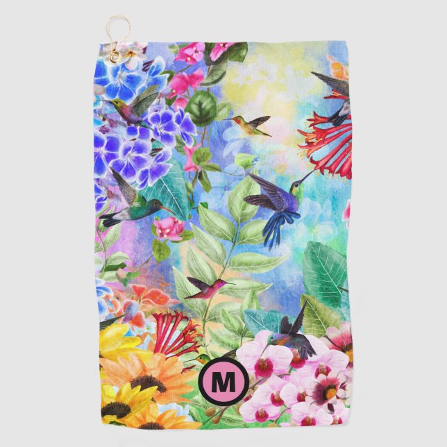 Hummingbirds and Flowers Monogram Golf Towel (Front)