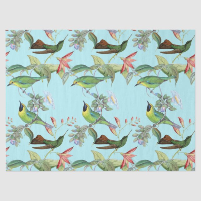 Hummingbirds and Flowers on Light Green Decoupage Tissue Paper (Front)