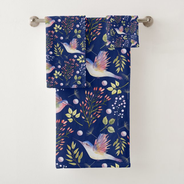 Hummingbirds and Flowers Pattern Custom Background Bath Towel Set (Insitu)