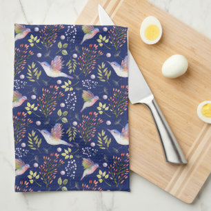 Hummingbirds and Flowers Pattern Custom Background Kitchen Towel