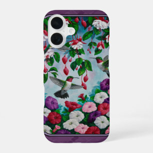Hummingbirds and Flowers Purple iPhone 16 Case