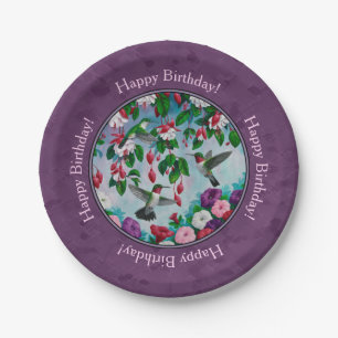 Hummingbirds and Flowers Purple Paper Plate