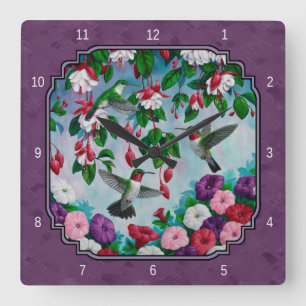 Hummingbirds and Flowers Purple Square Wall Clock