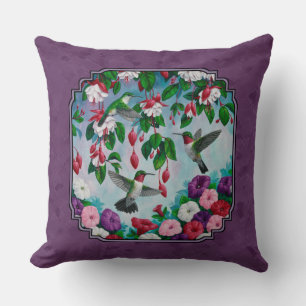Hummingbirds and Flowers Purple Throw Pillow
