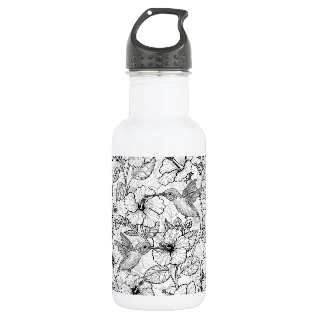 Hummingbirds and hibiscus flowers b&w 532 ml water bottle (Front)