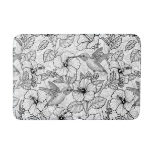 Hummingbirds and hibiscus flowers b&w bath mat