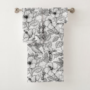 Hummingbirds and hibiscus flowers b&w bath towel set