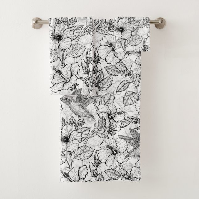 Hummingbirds and hibiscus flowers b&w bath towel set (Insitu)