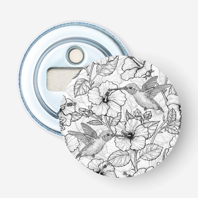 Hummingbirds and hibiscus flowers b&w bottle opener (Front)