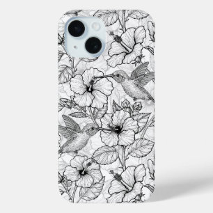 Hummingbirds and hibiscus flowers b&w iPhone 15 case