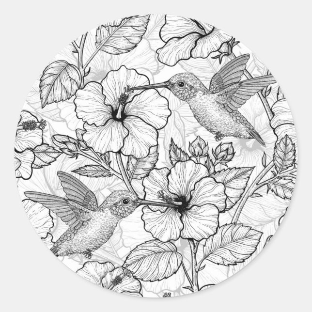 Hummingbirds and hibiscus flowers b&w classic round sticker (Front)