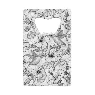 Hummingbirds and hibiscus flowers b&w credit card bottle opener