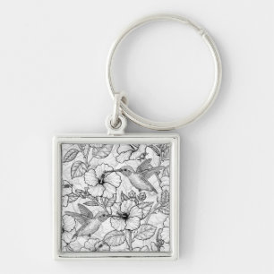 Hummingbirds and hibiscus flowers b&w keychain